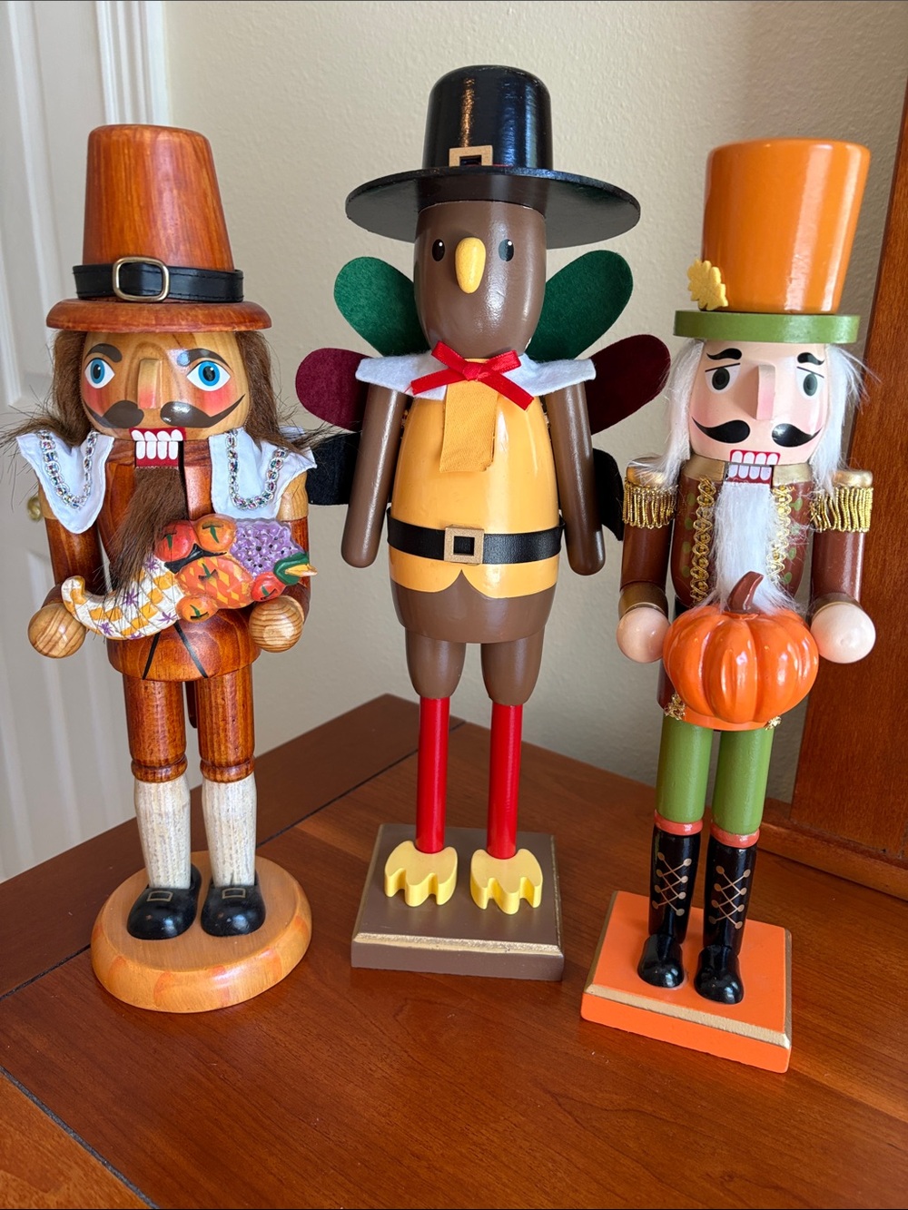 3 Wooden Fall Pumpkin Thanksgiving Turkey Pilgrim Wood Nutcrackers Farmhouse